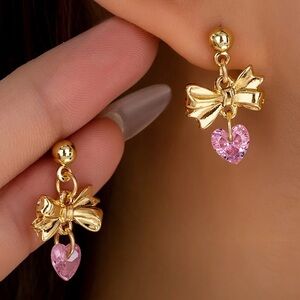 Gold Bow Drop Earrings with Pink Heart Crystal Coquette Jewelry NWT